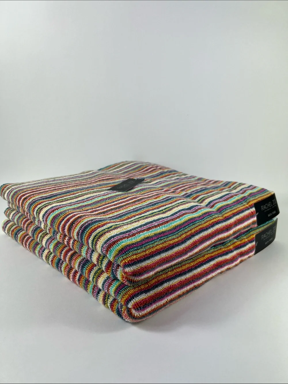 Rachel Zoe Rainbow Striped Bath Towel Set Red Blue Yellow 100% Cotton 2 Pc NEW